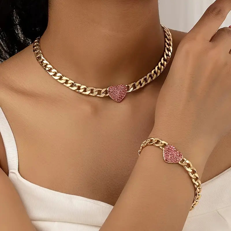 Quality Alloy Chic Jewelry Set with Synthetic Gemstone: 2-Piece Vintage French-Style Heart-Design Necklace & Bracelet. Perfect for Daily Elegance & Special Occasions!