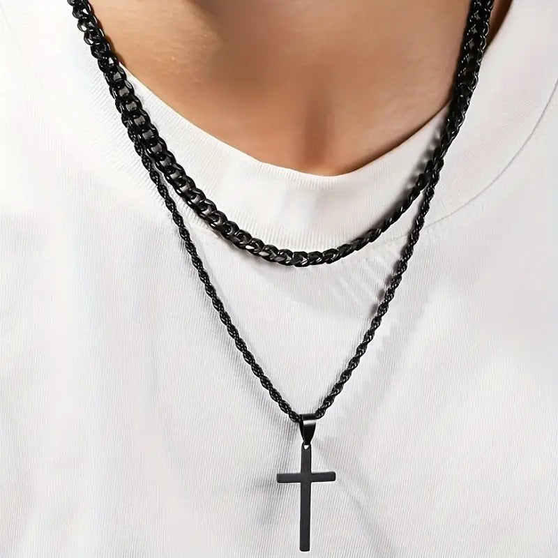 2pcs Fashion Stainless Steel Necklace Set, Simple Black Cross Necklace, Men's Hip Hop Casual Necklace Accessories Set