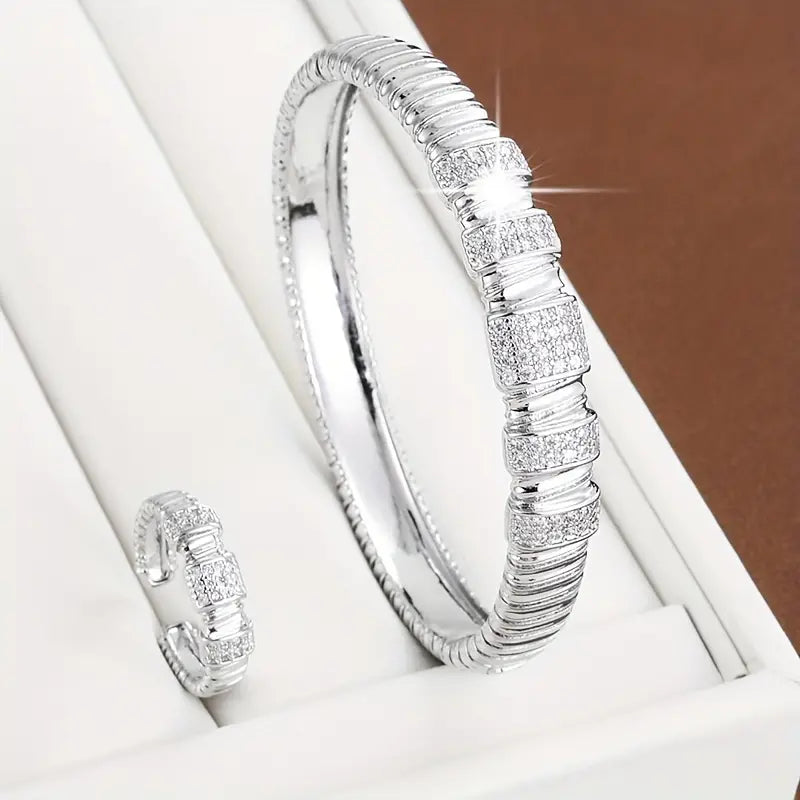 1 Bangle + 1 Ring Minimalist Style Jewelry Set Paved Shining Zirconia 