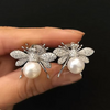 Fashion 925 Sterling Silver Pearl Bee Stud Earrings Girls Crystal Cubic Zirconia Cute Animal Earrings Daily Wear Women Jewelry