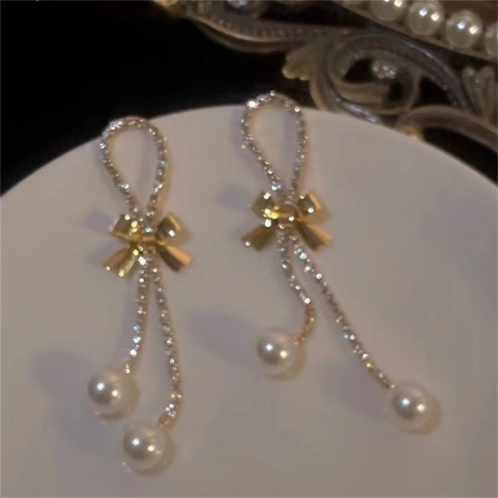 Korean Trendy Bow Crystal Drop Earrings For Women 2023 Luxury Sparkling Cubic Zirconia Long Tassel Earrings High Jewelry Gifts