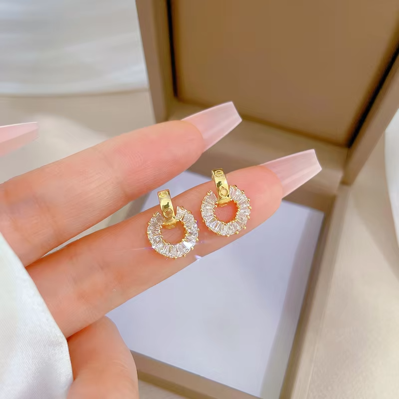 JUWANG New Classic Fashion Plated 14k Real Gold Luxury Sweet Girl Party Gift Exquisite Round Zircon Anti-allergy Dangle Earrings