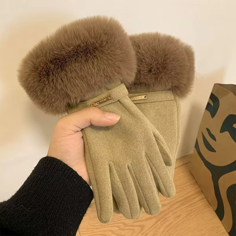 Winter Women Keep Warm Plus Velvet Touch Screen Thicken Plush Wrist Suede Gloves