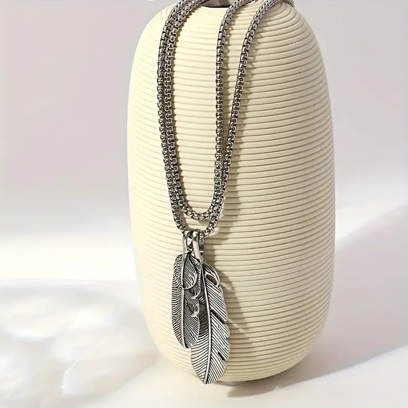 1pc Stainless Steel Feather Shape Pendant, Necklace For Men