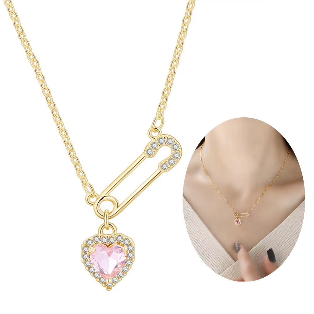 Light luxury zircon pin love ins niche design safety needle heart shaped tassel personalized titanium steel clavicle chain