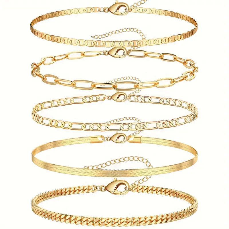 5pcs 14K Plated Copper Thin Chain Anklet Set Boho Style Waterproof Stackable Ankle Bracelet Foot Chain Jewelry