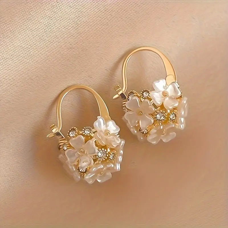 Elegant Floral Rhinestone Ball Hoop Earrings - UV Plated, Sparkling & Durable Alloy, Hypoallergenic for Casual Attire & Gifting