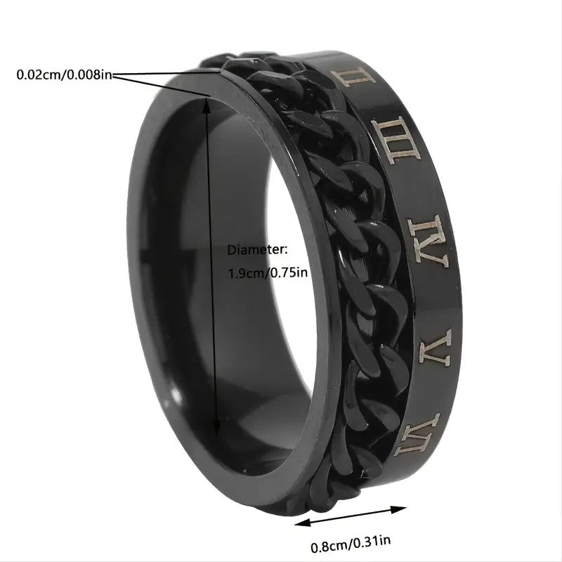 1pc Roman Numeral Ring Mens Black Turning Chain Stainless Steel Ring