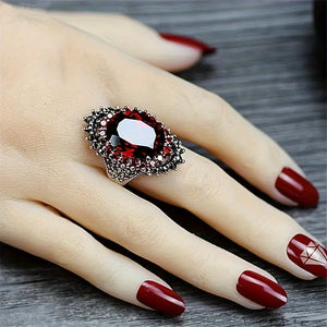 Silvery Vintage Texture Inlay Oval Red Faux Diamond Wide Ring - Elegant Fashion Accessory with Unique Band Design for Daily Wear and Holiday - Ideal Gift for Ladies
