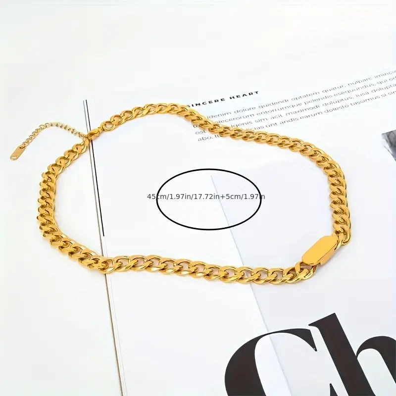 2pcs Golden Stainless Steel Chain, High-end Temperament, Versatile Thick Chain , Splicing, Square Simple Design, Retro, Cute, Fashionable, Simple Necklace Bracelet Jewelry