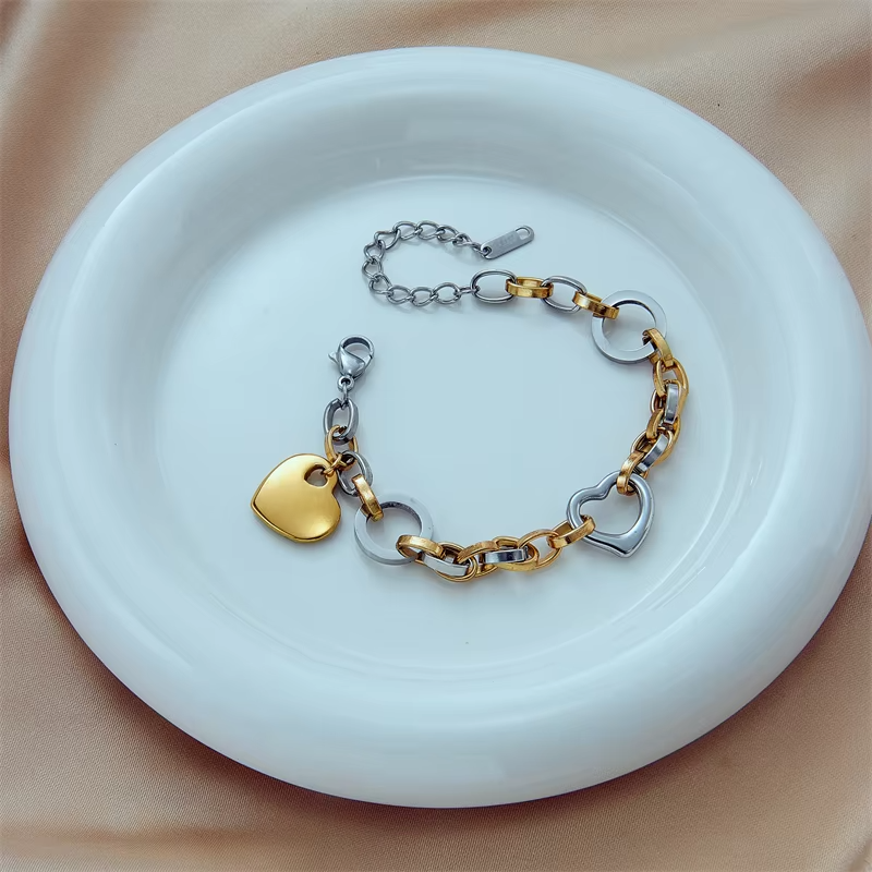 DIEYURO 316L Stainless Steel Heart Charm Bracelet For Women Hip Hop Street Trend Girls Wrist Jewelry Fashion Party Wedding Gifts