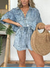2pcs Loose Denim Suits Summer Casual Bat Sleeve Shirt And Drawstring Shorts With Pockets Women's Set