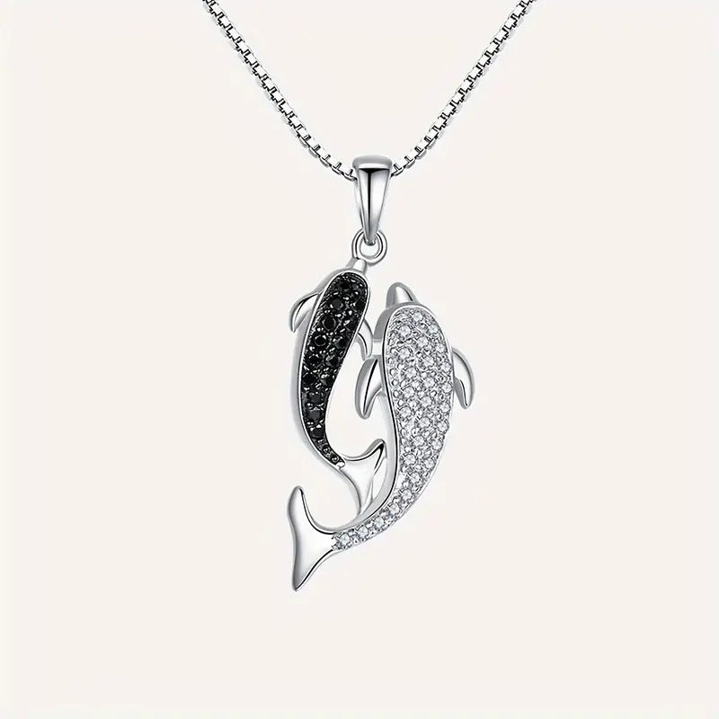 Double dolphin necklace female plated s925 silver clavicle chain gorgeous micro inlaid pendant Korean item jewelry