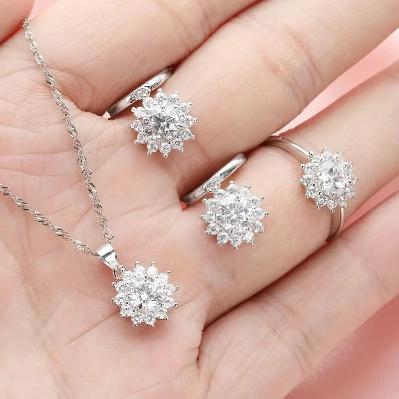 4pcs 925 Sterling Silver Earrings Ring Plus Necklace Inlaid Zircon Dainty Evening Party Decor Premium Quality At Affordable Prices With Nice Box (8.4g)
