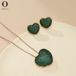 Obega Classic Trendy Green Cubic Zirconia Heart Shape Pendant Necklace and Earrings CZ Jewelry Sets for Women Gift