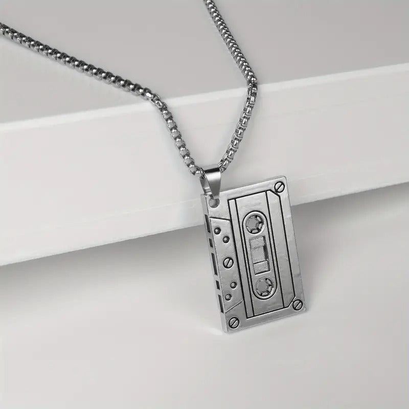 1pc Stainless Steel Tape Shaped Pendant Necklace, Suitable For Men And Women