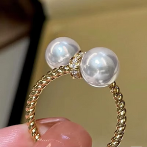 Huitan Temperament Double Imitation Pearl Open Ring Twist Gold Color Band New Fashion Women's Accessories Wedding Jewelry 2023