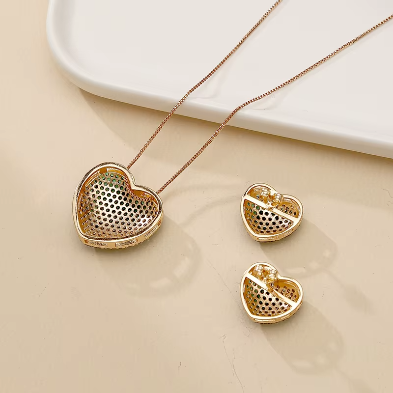 Obega Classic Trendy Green Cubic Zirconia Heart Shape Pendant Necklace and Earrings CZ Jewelry Sets for Women Gift