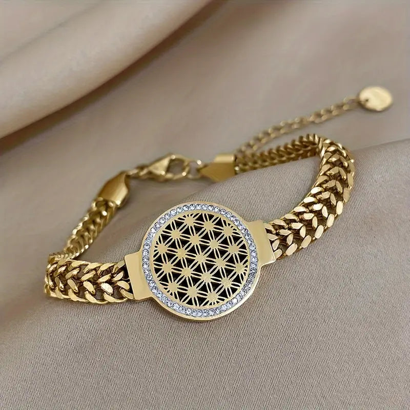 Luxurious 18K Gold-Plated Flower of Life Bracelet - Durable Waterproof Titanium Steel Jewelry Sparkling with Inlaid Rhinestones, Ideal for Females Aged 14+