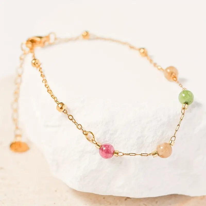 1 Pc Pretty Colorful Beads With Stainless Steel Chain Design Bracelet Elegant Bohemian Style Summer Daily Hand Chain