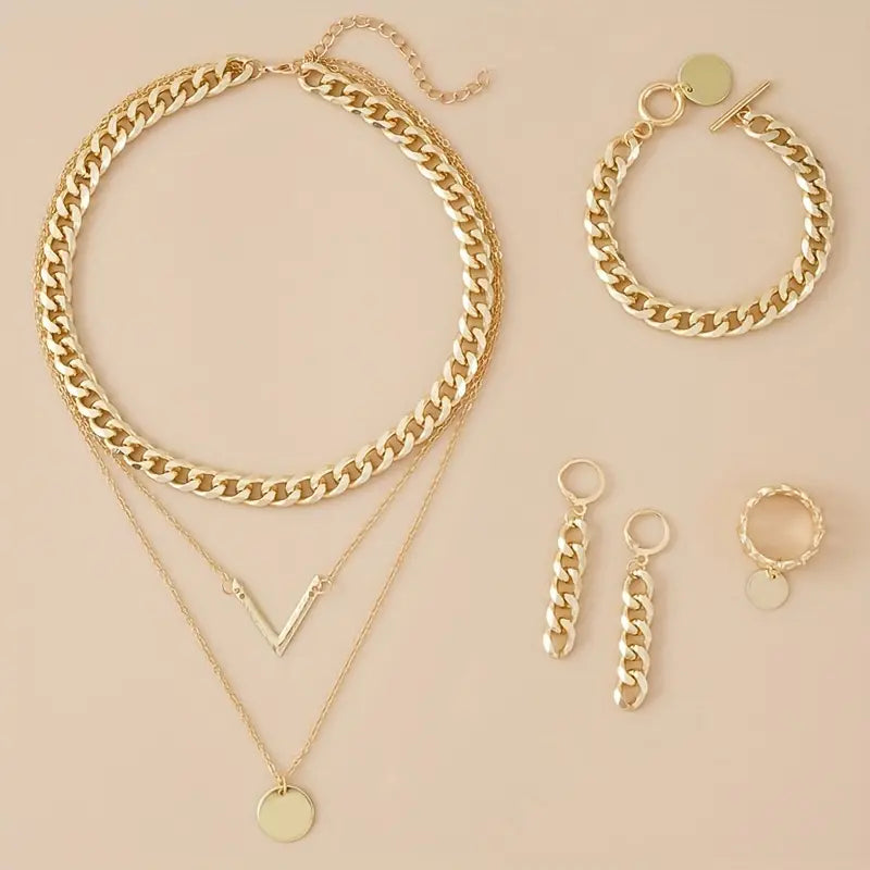 1 Pair Of Earrings + 1 Necklace + 1 Bracelet + 1 Ring Minimalist Style Jewelry Set Trendy Chain Design Golden Or Silvery Make Your Call