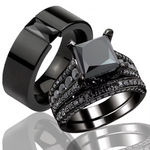Load image into Gallery viewer, Fashion Couple Jewelry Lovers Rings Women's Black Zircon Engagement Ring Set Men's Stainless Steel Wedding Band Anniversary Gift

