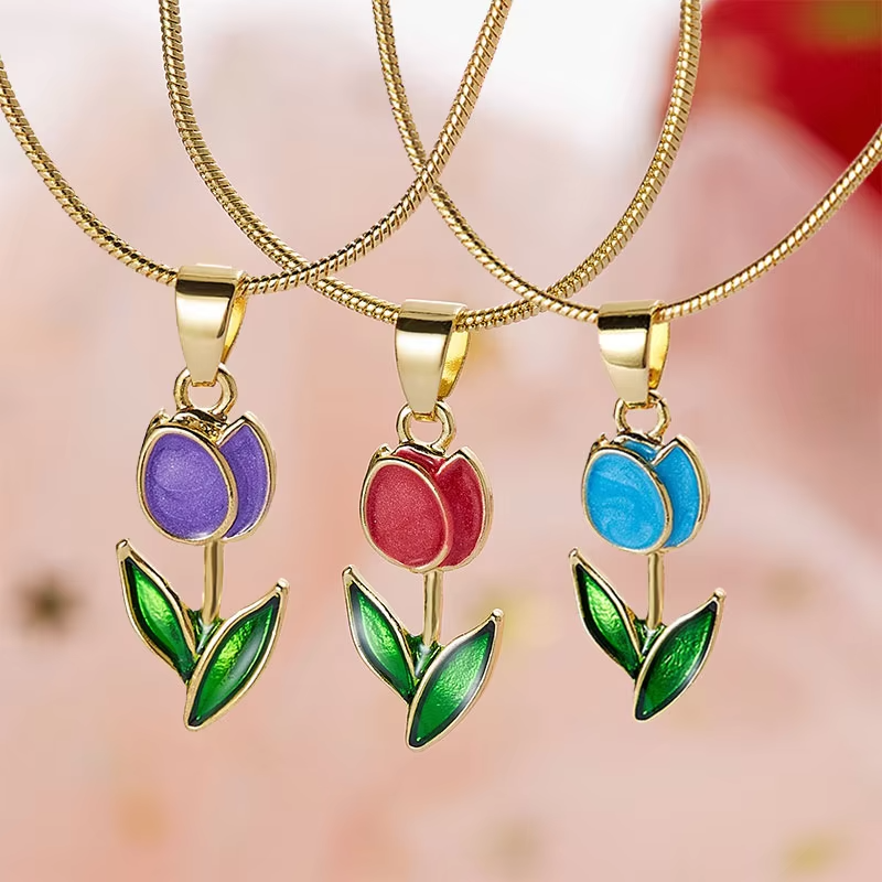 Vintage Elegant Tulip Pendant Necklace For Women Shiny Crystal Zircon Flower Clavicle Chain Choker Party Wedding Jewelry Gifts