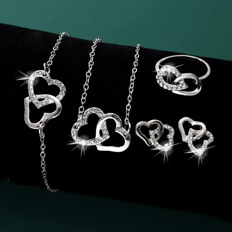 1 Pc Ring +1 Pc Necklace +1 Pc Bracelet +1 Pair Stud Earrings Stainless Steel Jewelry Set With Double Hollow Heart Design Rhinestones Inlaid Female Gift
