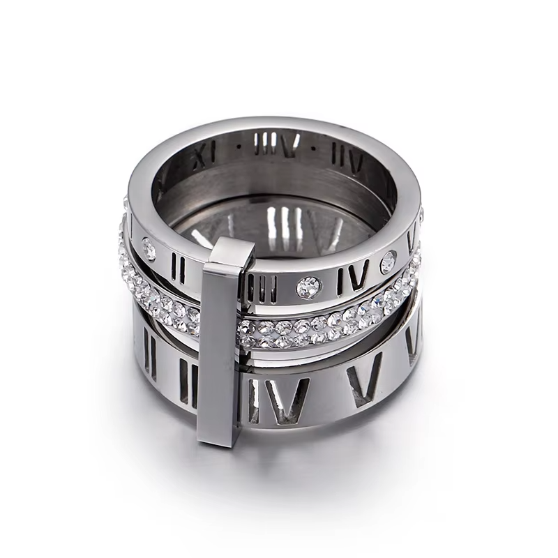 Trendy Shell Stainless Steel Rings Rings for Women Girls Three Layers Roman Numerals Rhinestone Bridal Women Rings Jewelry