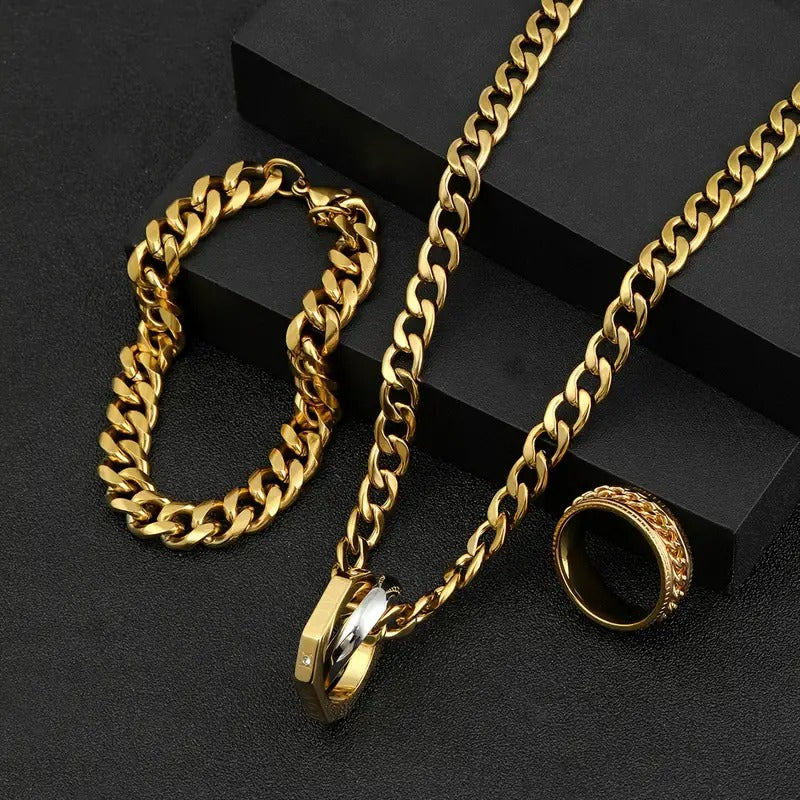 3pcs/set Fashion Stainless Steel Jewelry Set, Simple Golden Ring + Bracelet +Necklace Set, Men's Hip Hop Punk Style Accessories