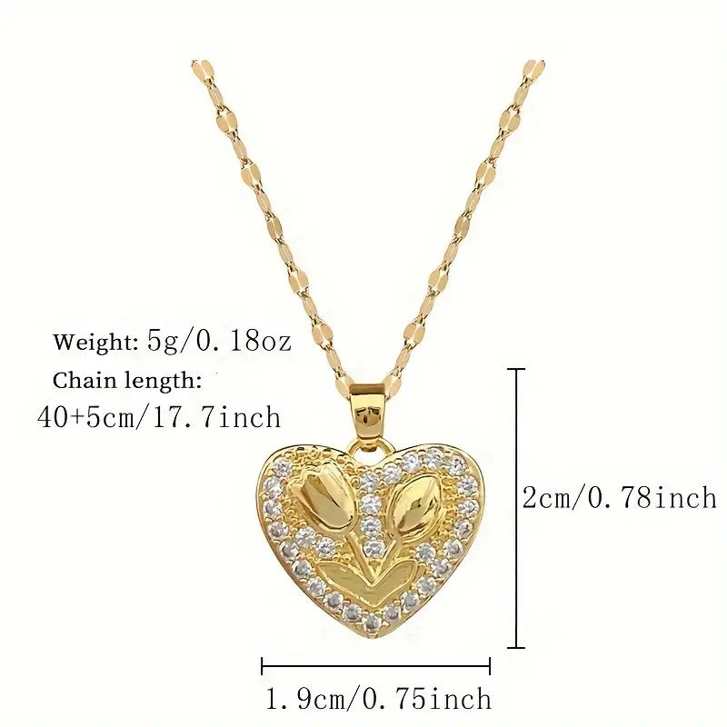 1pc Rhinestone Heart With Rose Stainless Steel Chain Necklace For Girls, Elegant Jewelry Gift