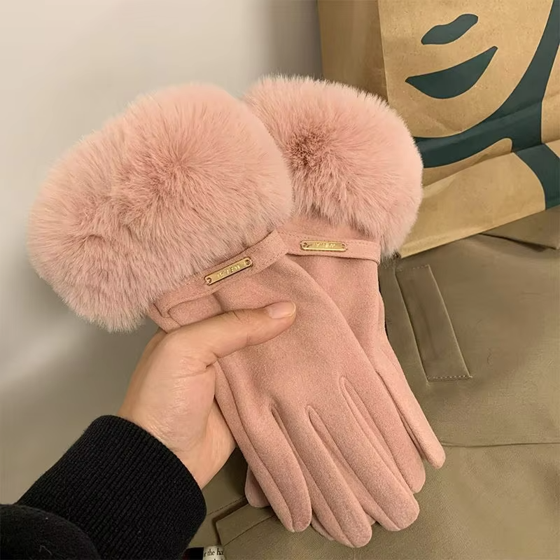 Winter Women Keep Warm Plus Velvet Touch Screen Thicken Plush Wrist Suede Gloves