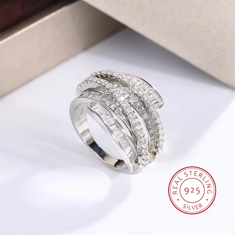High Quality Interwoven Geometric White Zircon Ring 925 Silver for Ladies Men Wedding Party Engagement Jewelry Gift