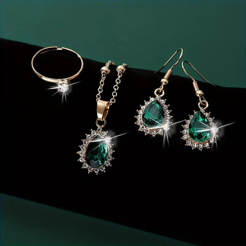 1 Pair Dangle Earrings +1 Pc Ring +1 Pc Necklace Stainless Steel Jewelry Set With Water Drop Shape Green Synthetic Gems Inlaid Trendy Female Gift