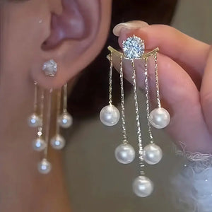 Luxurious Faux Pearl Dangle Earrings - Drop & Dangle, Shiny Zirconia Accents, Elegant Ear Jackets, Banquet-Inspired Luxury Style, Decorative Tassel Details, Hypoallergenic, Nickel-Free, Perfect for Formal Occasion