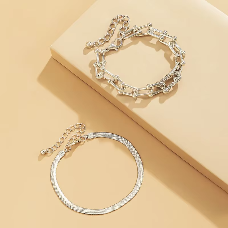 Ins Style 2 in 1 Bracelet Jewelry Set Extendable Stainless Steel Snake Chain Hoop Link Bracelet for Women Girls