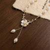 Elegant 14K Golden Plated Synthetic Pearl Flower Pendant Necklace with Crystal Dangles - Perfect for Everyday And Formal Occasions