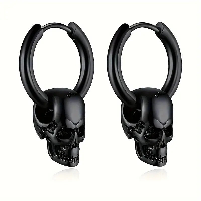 1 Pair Trendy Vintage Skull Earrings For Men, Punk Gothic Stainless Steel Skull Hoop Earrings