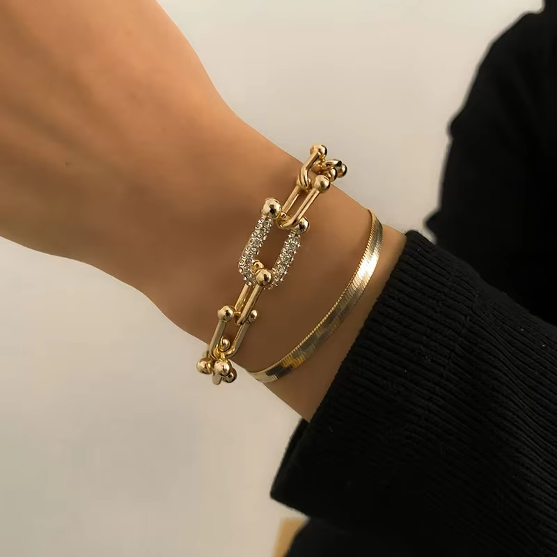 Ins Style 2 in 1 Bracelet Jewelry Set Extendable Stainless Steel Snake Chain Hoop Link Bracelet for Women Girls