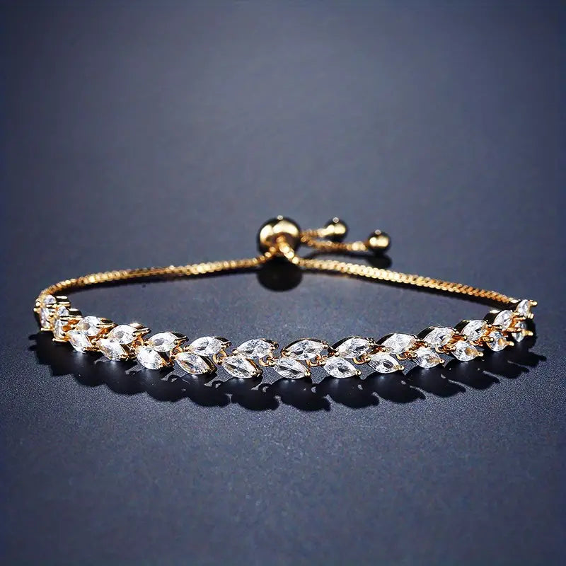Luxurious Zirconia Olive Leaf Bridal Bracelet - Link Jewelry for Bridesmaid Wedding Banquet Gift - Exquisite, Sparkling, Adjustable, and Durable