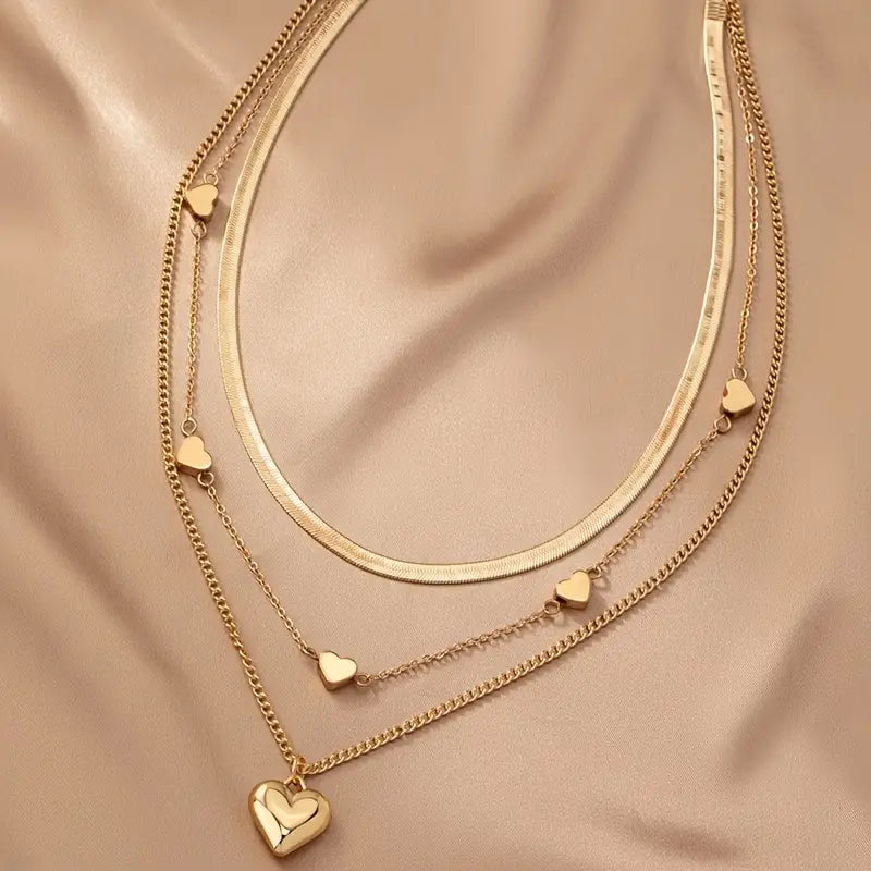 1 pc, elegant layered heart pendant necklace, 3 tier golden fashion statement jewelry, classic fashion style, chic multi strand choker with heart charms for ladies