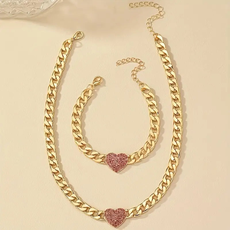 Quality Alloy Chic Jewelry Set with Synthetic Gemstone: 2-Piece Vintage French-Style Heart-Design Necklace & Bracelet. Perfect for Daily Elegance & Special Occasions!