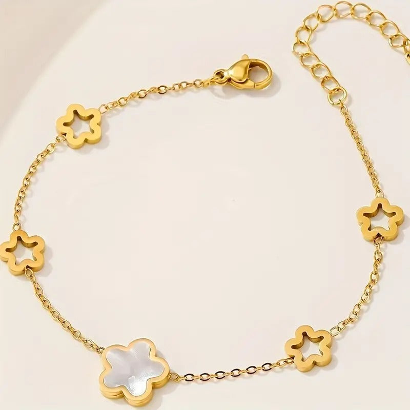 1pc Stainless Steel Shell Flower Chain, Temperament Versatile Sweet, Fashionable And Trendy Bracelet For Men, Women And Couples, Hip Hop Party, Daily Casual Bracelet