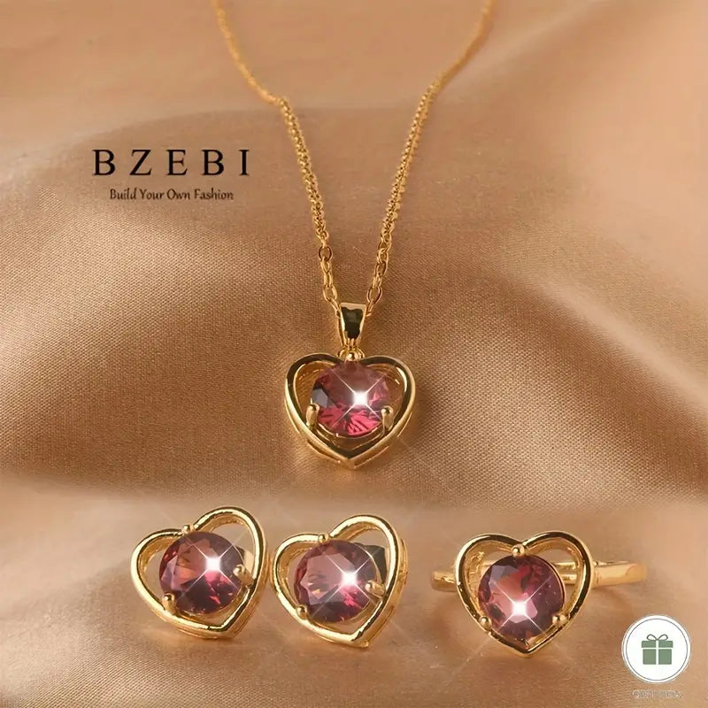 1 Pair Of Earrings + 1 Ring + 1 Necklace Vintage Jewelry Set Made Of Titanium 18k Plated Trendy Heart Design Inlaid Zirconia Match Daily Outfits Party Accessories