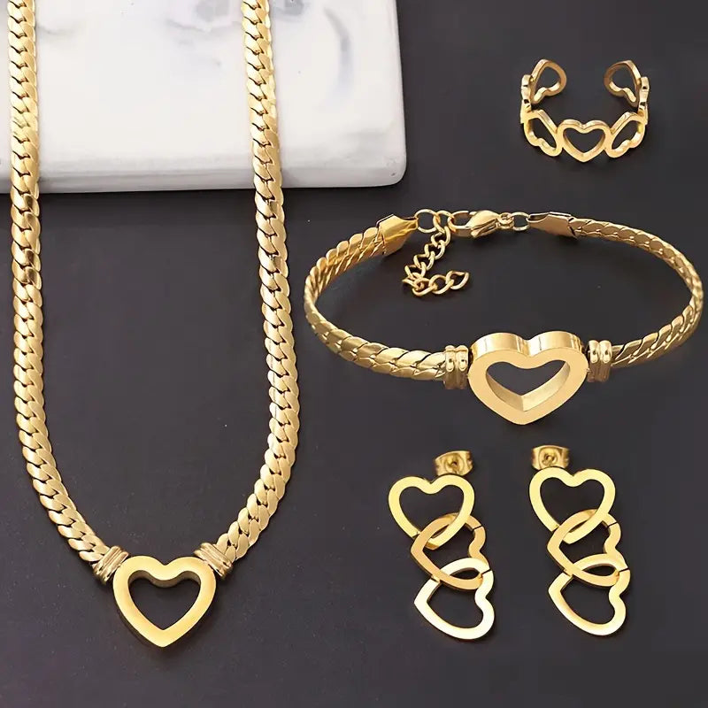 5pcs/set Fashion Necklace + Earrings + Bracelet + Ring Set, Hollow Heart Shaped Snake Bone Chain Necklace, Stainless Steel Jewelry Set For Men And Women