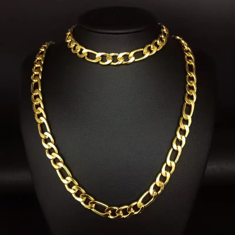 2pcs 18K Gold-Plated Bracelet Necklace Set, Stainless Steel Figaro Chain Bracelet Necklace Set For Men