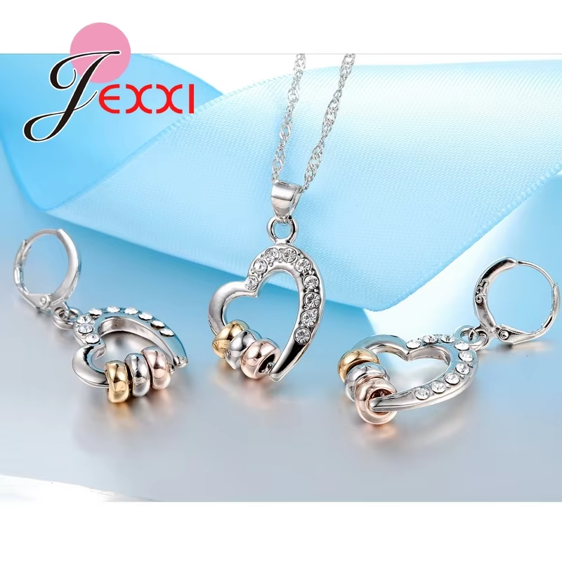 New Arrival 925 Sterling Silver Romantic Heart Necklace Earrings Jewelry Sets For Women Ladies Wedding Cubic Zirconia