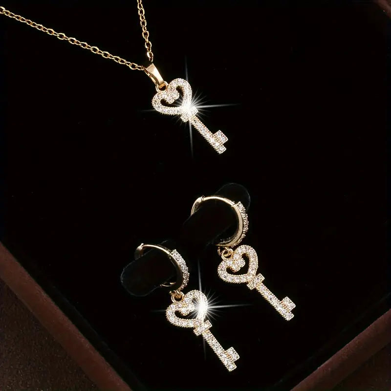 1 Pair Of Earrings + 1 Necklace French Romantic Style Jewelry Set Plated Cute Love Key Design Inlaid Shining Zirconia Match Daily Outfits Party Accessories