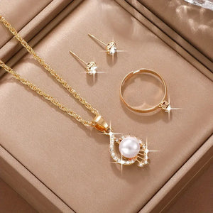 4-Piece Vacation Style Jewelry Set for Women - Unplated Alloy with Plastic Inlay, Versatile Necklace, Earrings & Ring Bundle for Daily Wear & Gifts, All-Season Elegance