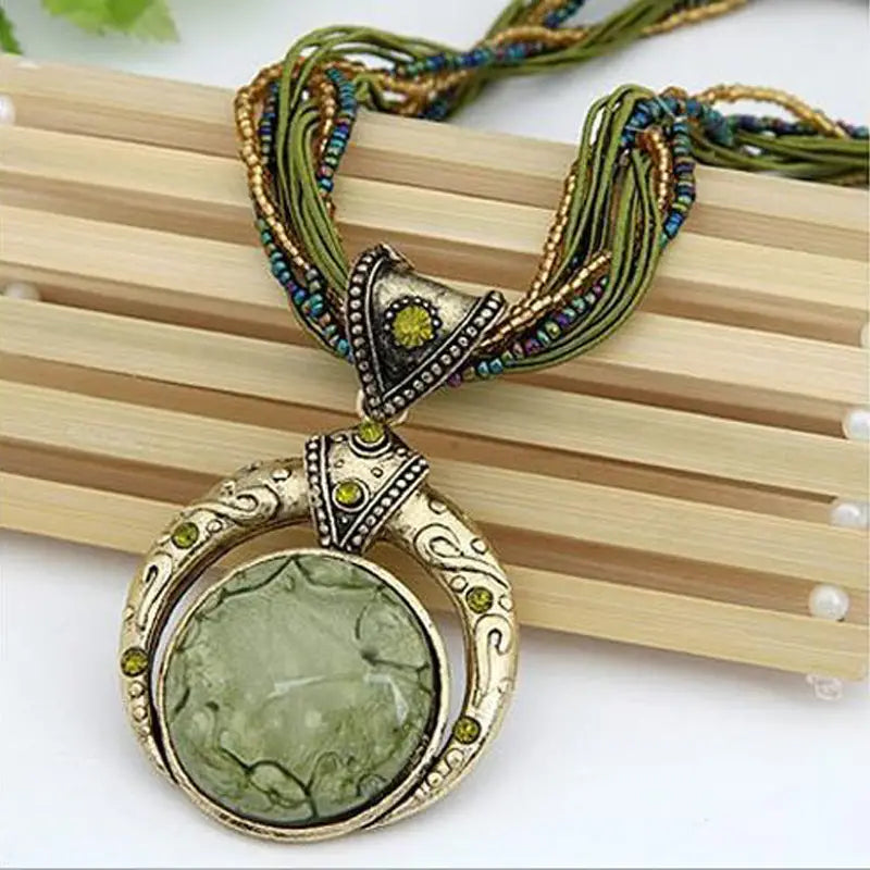 Unique Handwoven Rice Bead Necklace - Bohemian Chic Round Gemstone Pendant - Vintage Inspired Casual Unisex Accessory for Everyday Wear - Handmade with Love